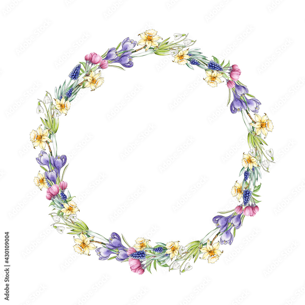 Watercolor Wreath With Flowers And Leaves Of Daffodil Crocus Clip