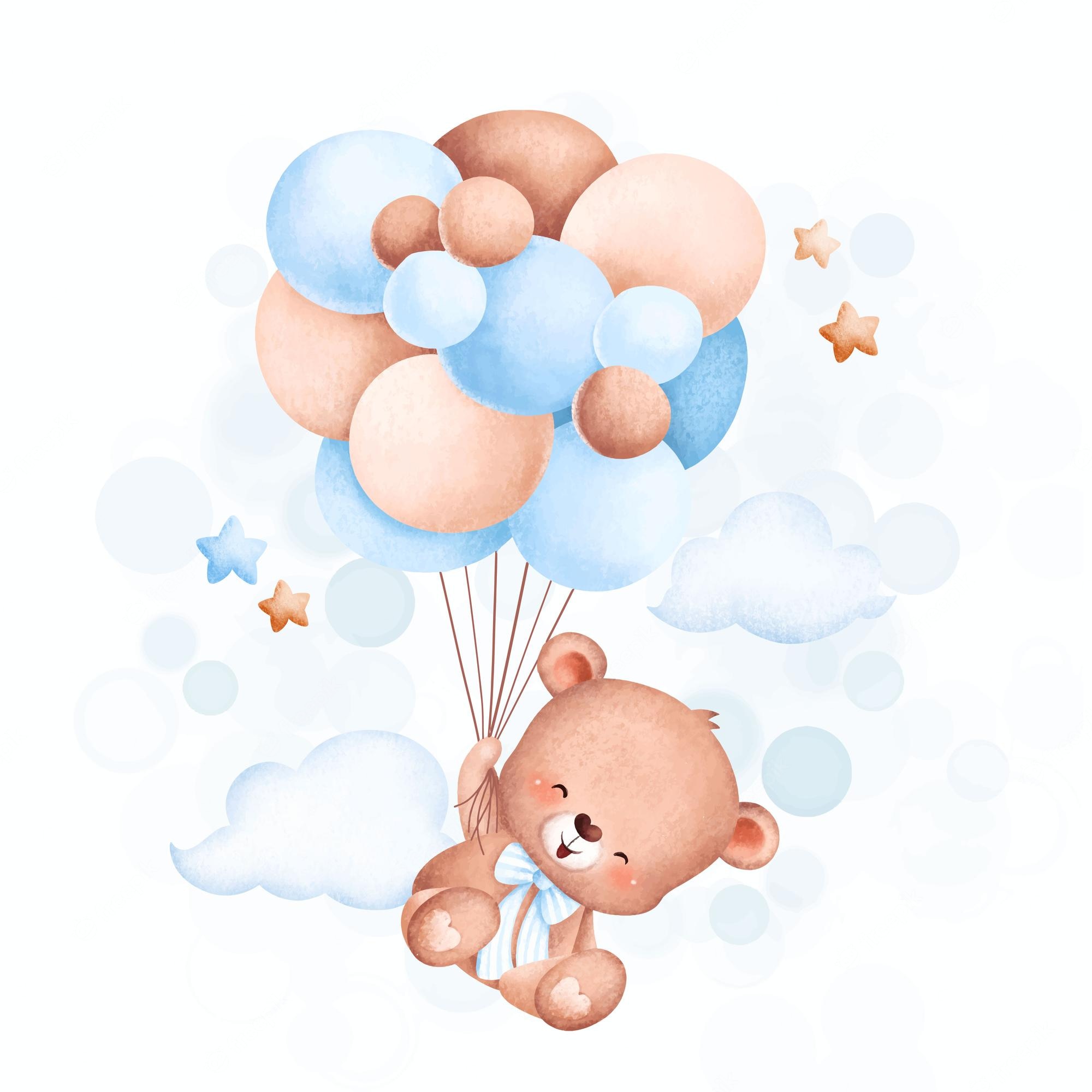 Brown Bear Blue Balloons Cute Boy Watercolor Clip Art Png Images