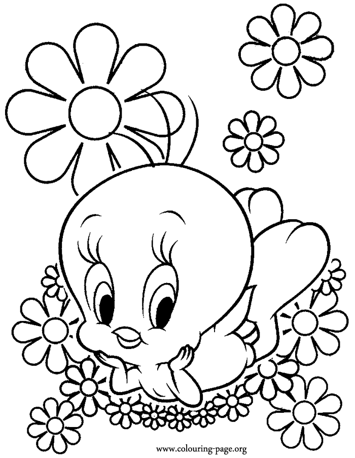 Tweety - Tweety surrounded by beautiful flowers coloring page