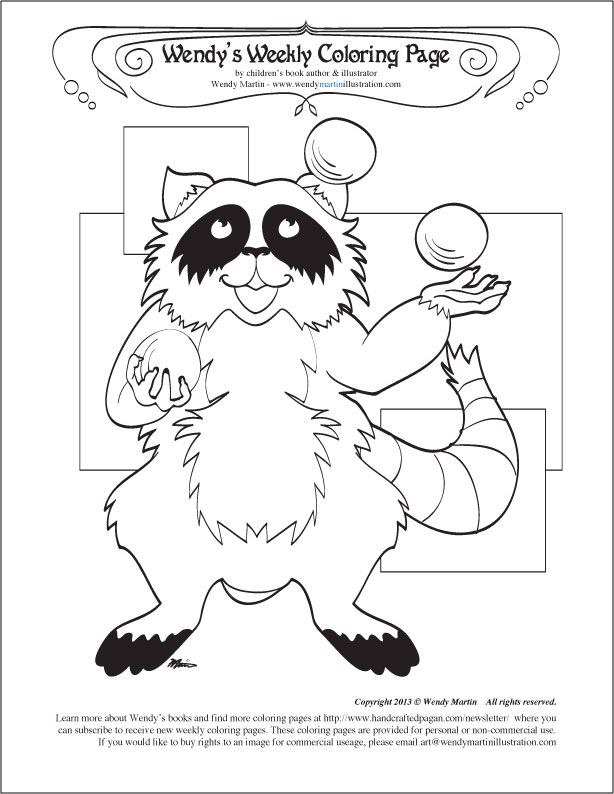 Juggling balls raccoon coloring page 