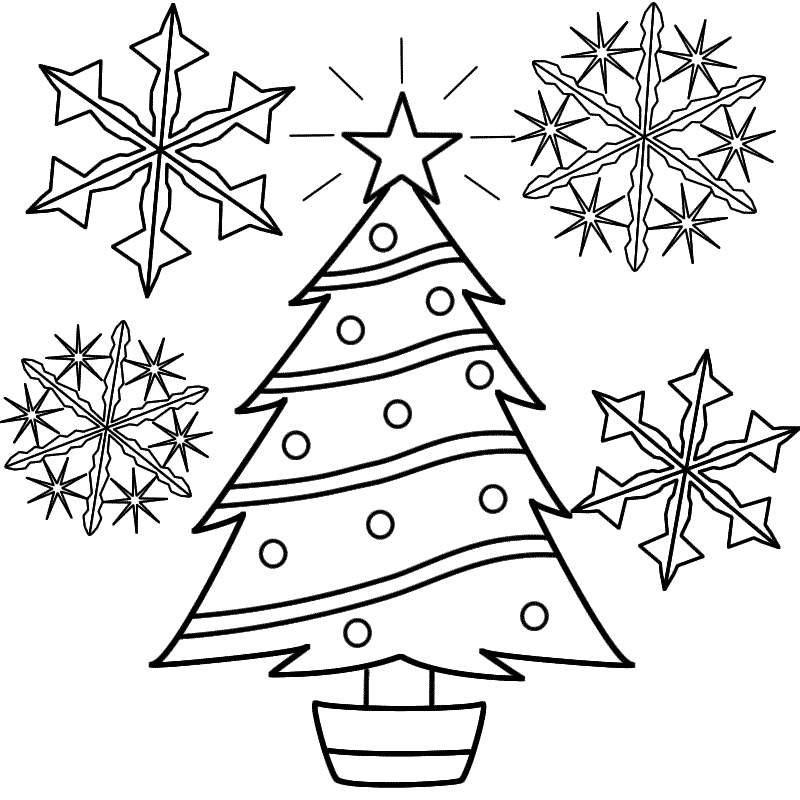 Christmas Tree with Snowflakes - Coloring Page 