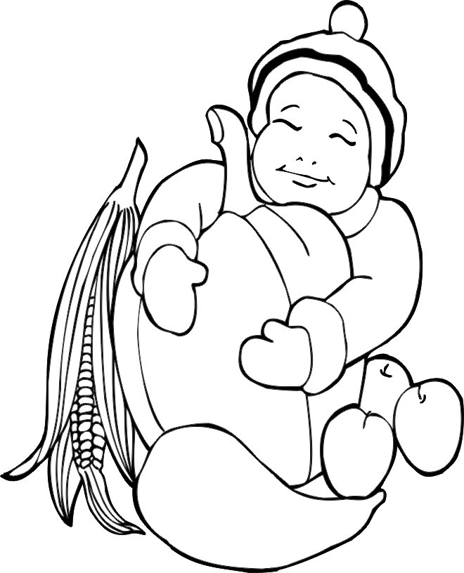 Harvest Coloring Page | Child With Pumpkin  Harvest Veggies