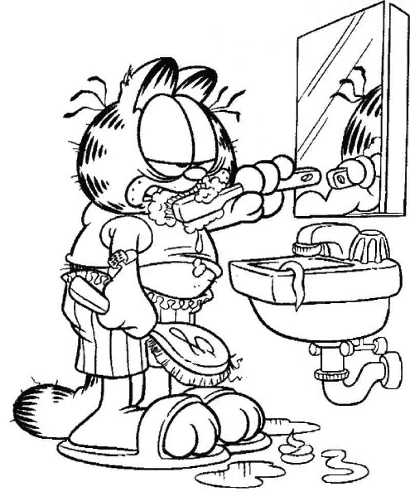 Garfield Brushing Teeth Coloring Page 