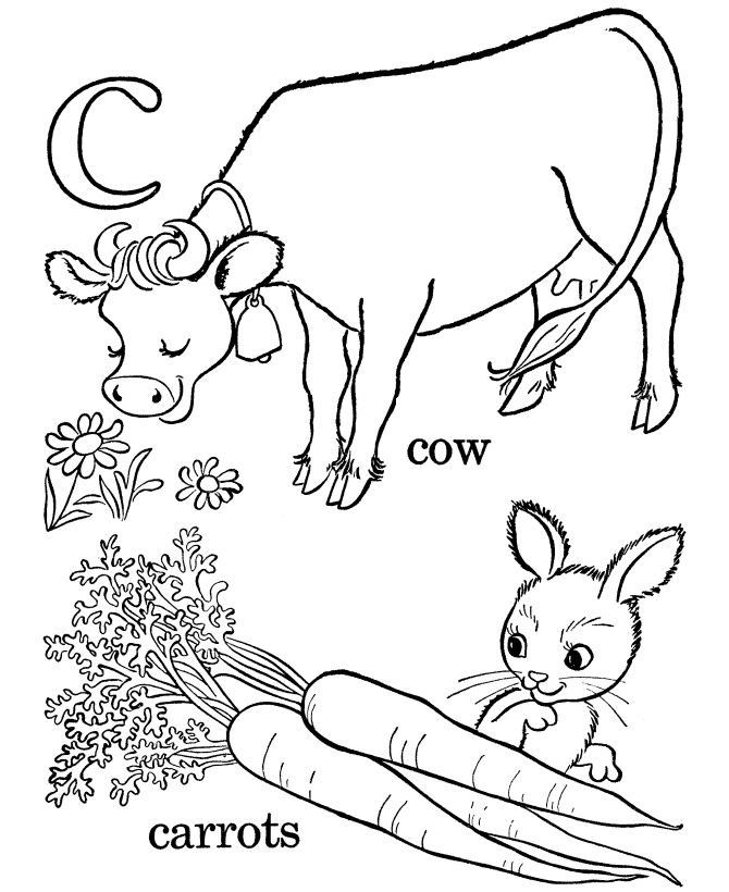 Letter C, Cow and Carrots| Coloring Pages for Kids � Preschool