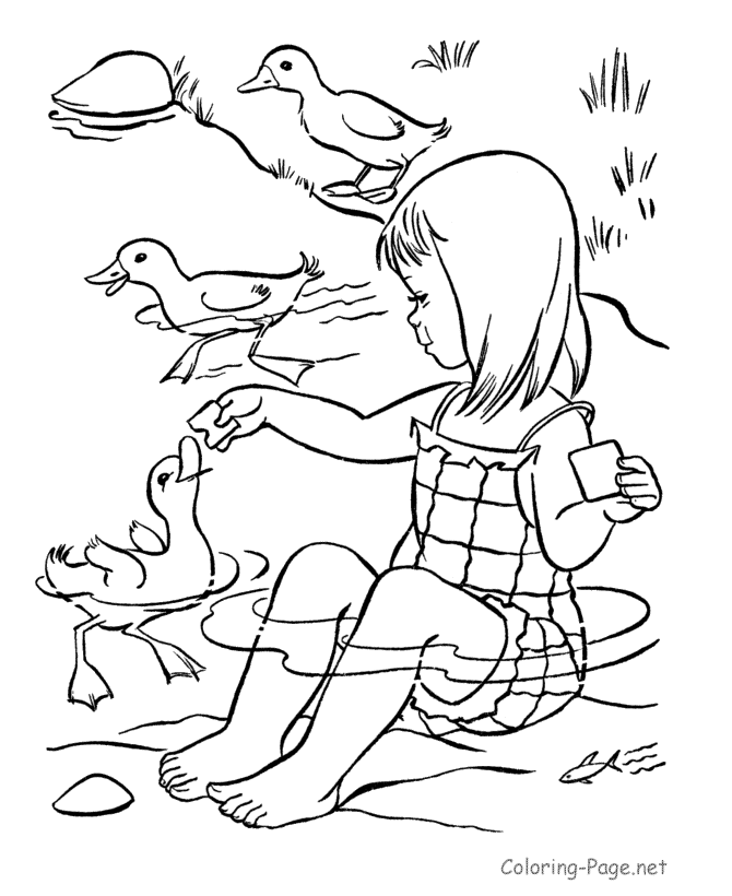 Summer Coloring Book Page - Feeding the ducks