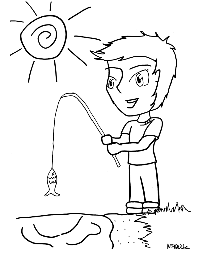 Anime Coloring Pages | Boy Fishing Anime Coloring Page and Kids