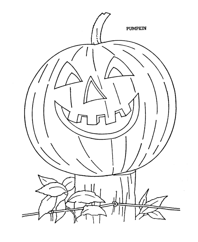 Halloween Coloring Page Sheets - Smiling Pumpkin on a fencepost