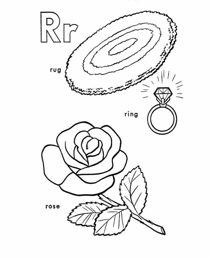 ABC Alphabet Coloring Sheets - R is for Rug / Ring / Rose