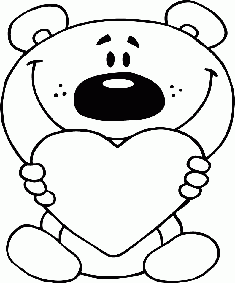 cute love coloring page of teddy bear holding red heart | Coloring