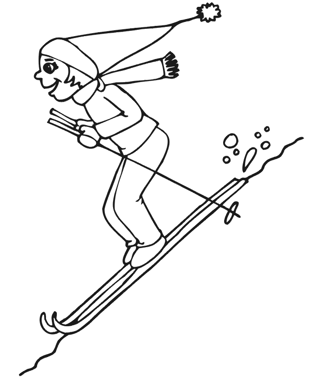Skiing Coloring Page | Girl Downhill Skier with Scarf