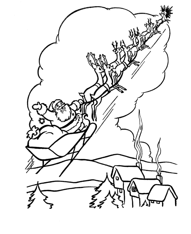 santa and reindeer flying coloring pages