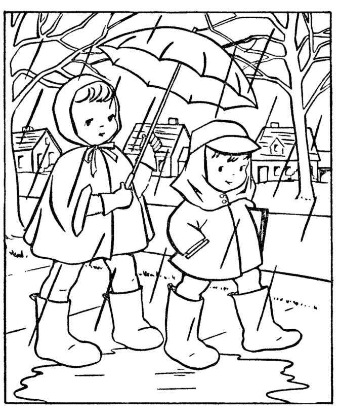 Spring Coloring Pages - Kids Going to School in the rain Coloring