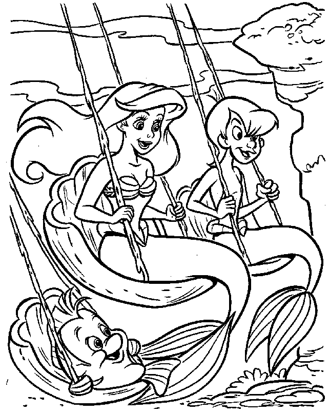 Ariel in Swing Under Water Coloring Page | Kids Coloring Page
