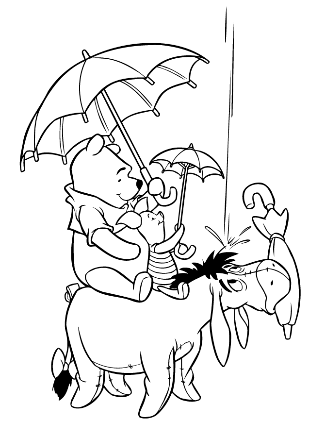 Pooh Bear And Friends In Raining Winter Season Coloring Page | HM
