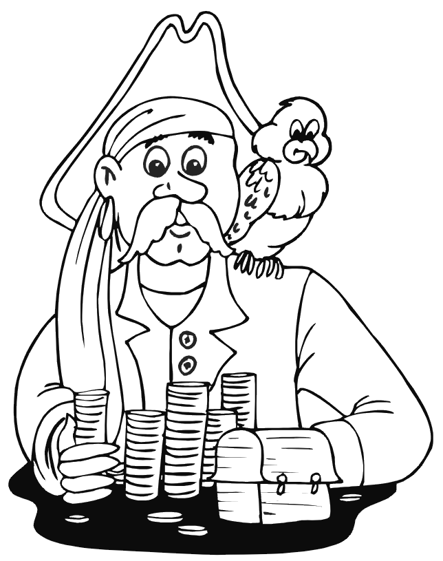 Pirate Coloring Page | Pirate With Treasure  Parrot