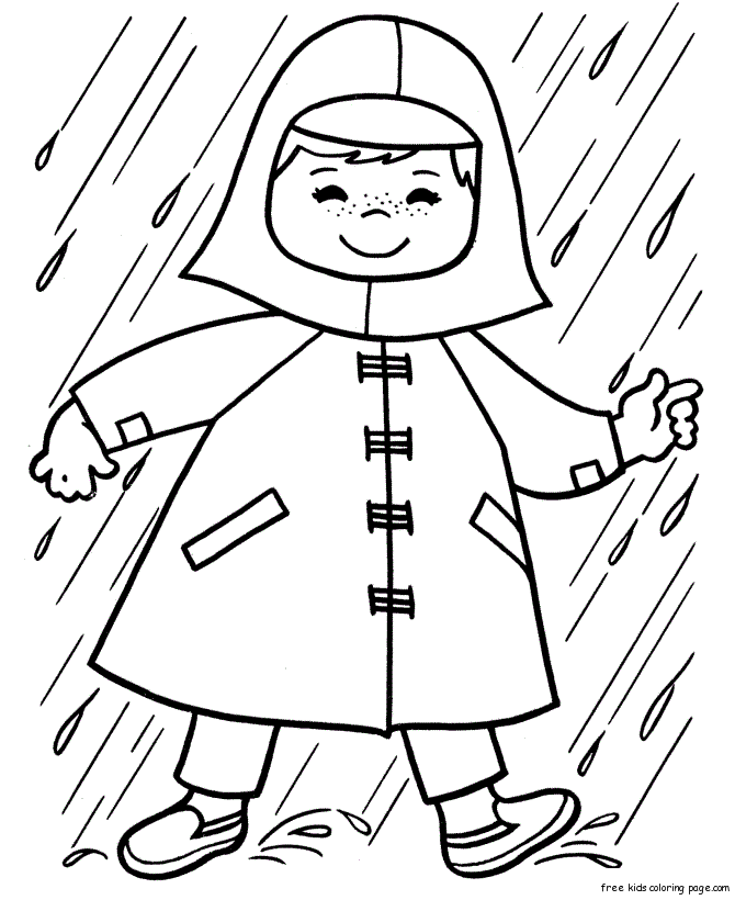 Print out spring girl playing in rain coloring pages for kid