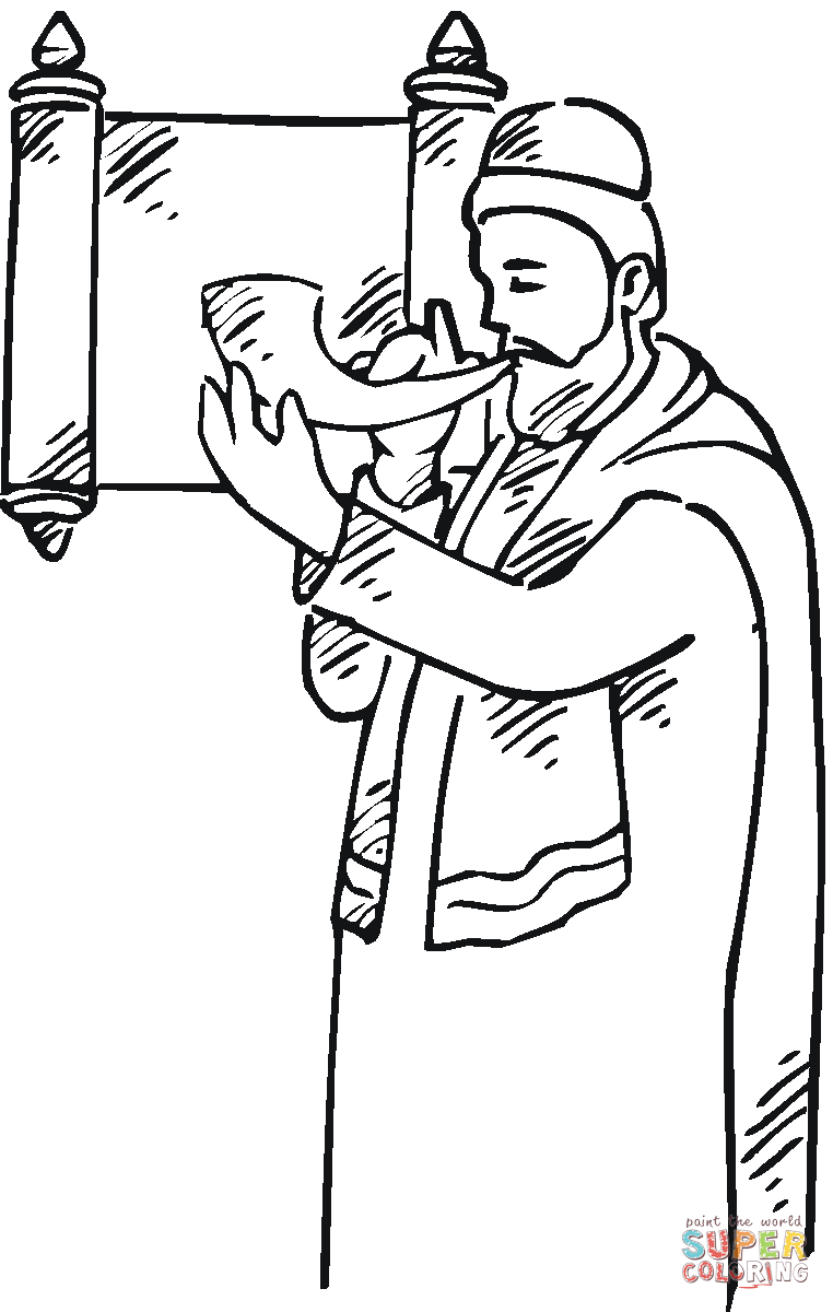 Man with a shofar near scroll coloring page | Free Printable