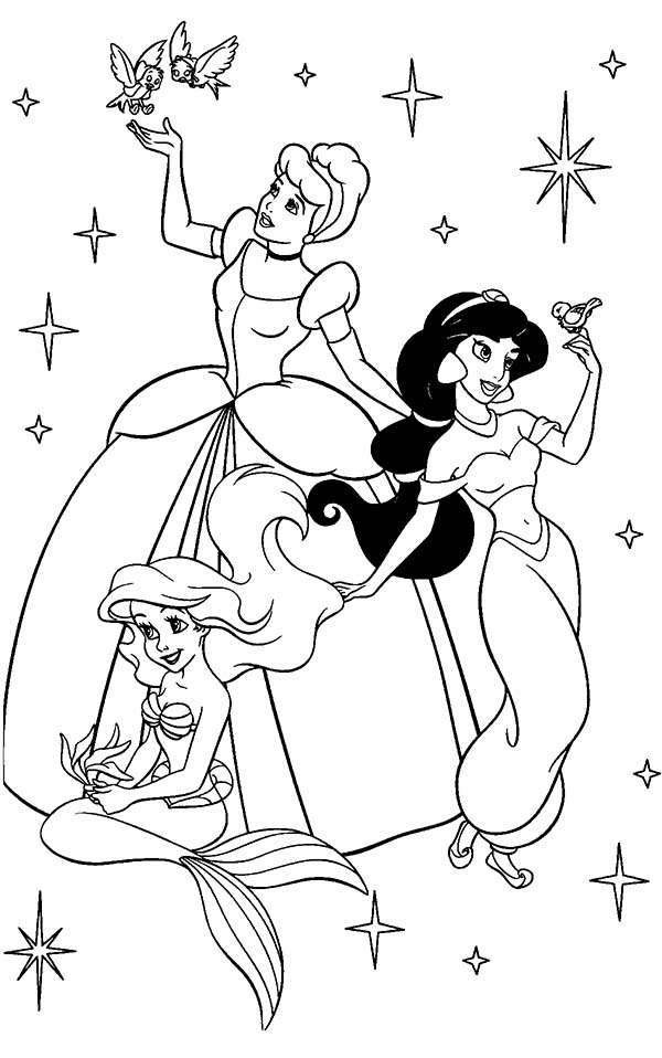 Ariel, Jasmine and Cinderella as Disney Princesses Coloring Page