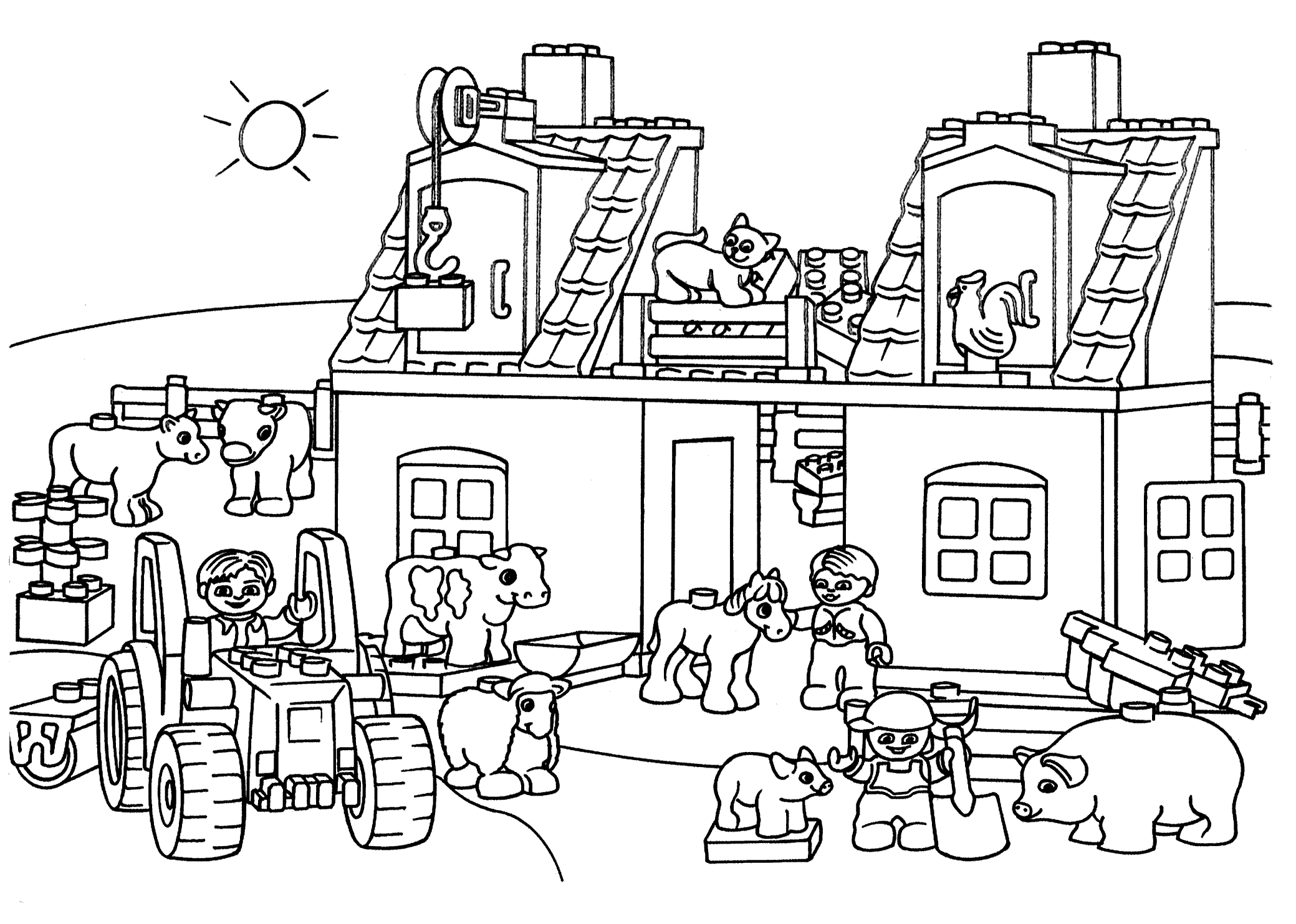 Lego farm coloring page for kids, printable free. Lego Duplo