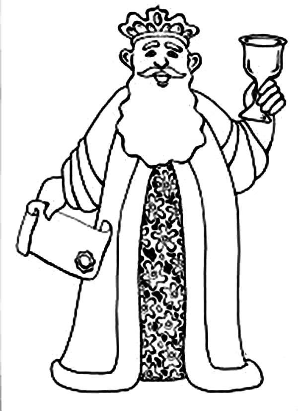 King Ahasuerus Holding Scroll and Grail in Purim Coloring Sheet
