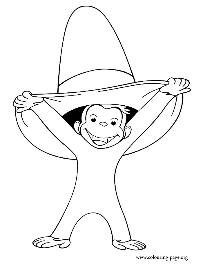 Monkeys - Happy monkey smiling and holding a hat coloring page