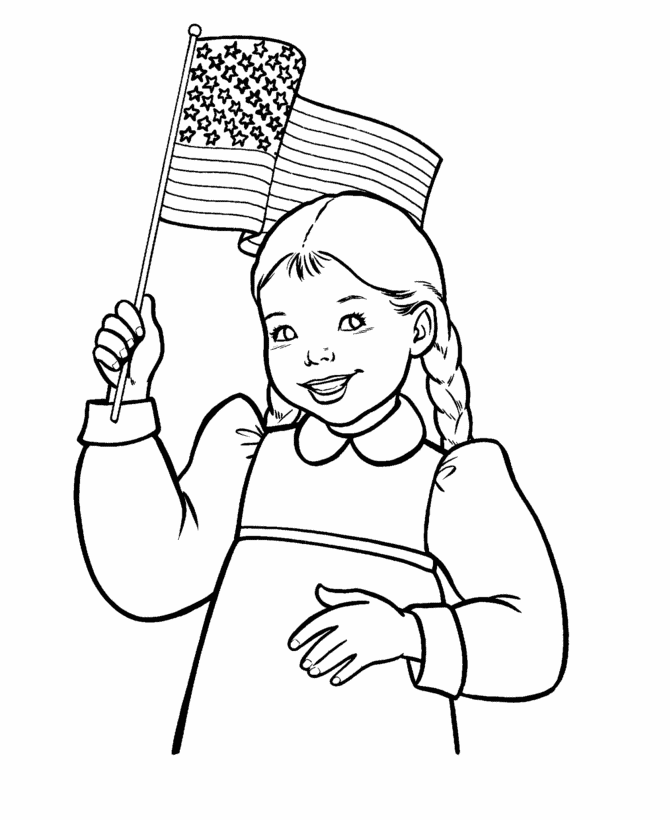 July 4th Coloring Pages - Girl waving the flag on the 4th of July