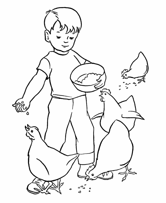 Farm Work and Chores Coloring Pages | Printable Boy feeding