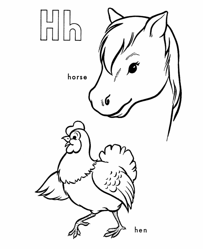 ABC Alphabet Coloring Sheets - H is for horse / hen 