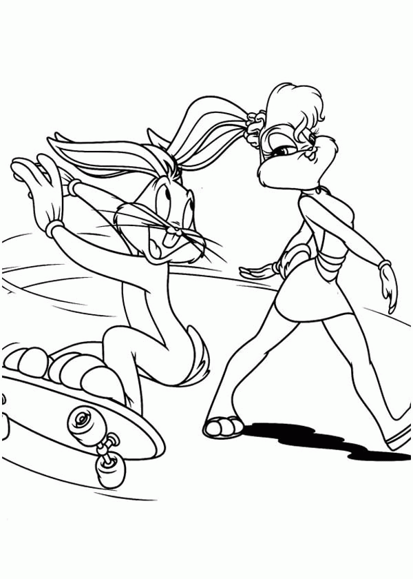 Bugs Bunny Catching Lola Bunny with Skateboard Coloring Page