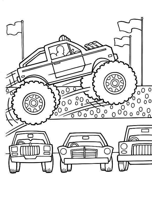 Monster Truck, : Monster Truck Jumps Over Cars Coloring Page