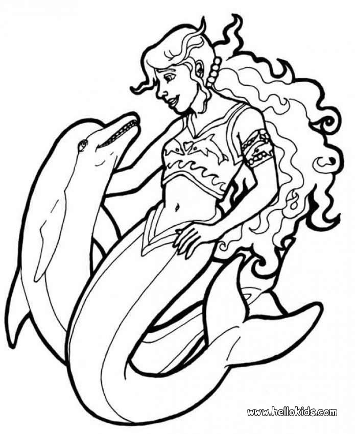 Mermaid and sea creatures coloring pages - Mermaid and dolphins