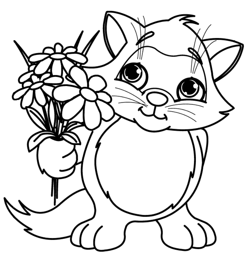 Print Cute Little Cat With Spring Flower Coloring Pages