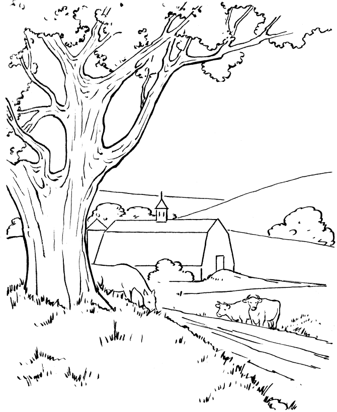Farm Life Coloring Pages | Farm barn and cows Coloring Page
