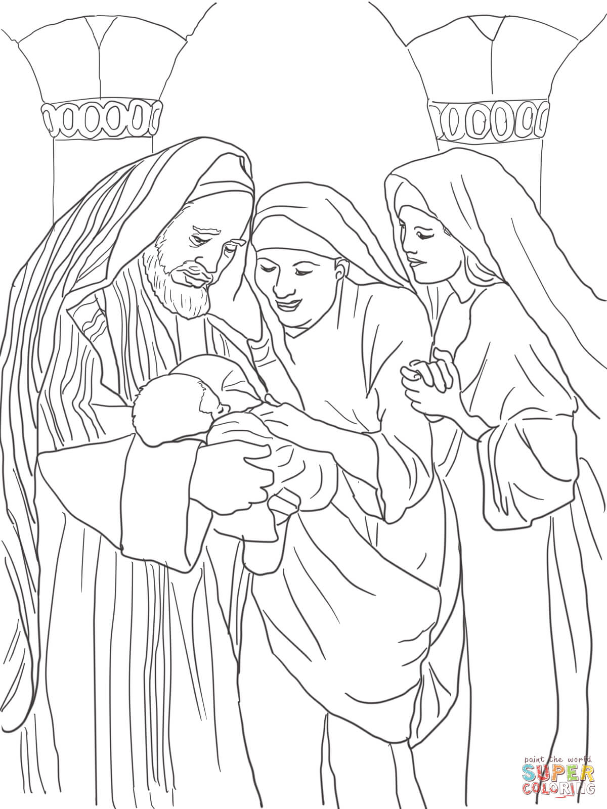 Zechariah, Elizabeth and Baby John the Baptist coloring page