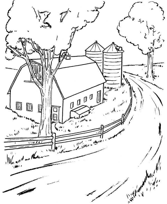 Farm Life scene Coloring Pages | Printable Farm barn and silo