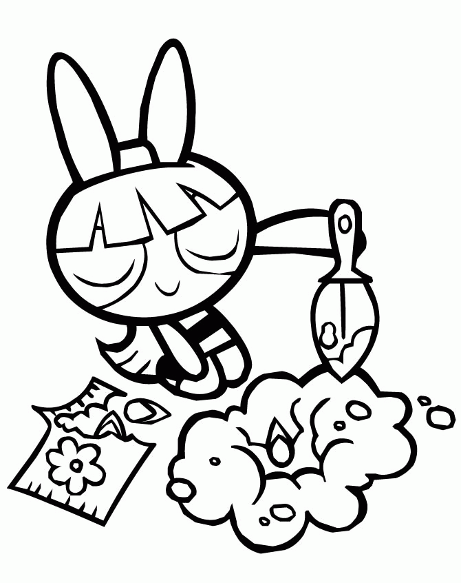 Powerpuff Girls Bubbles Watering Flowers Coloring Pages