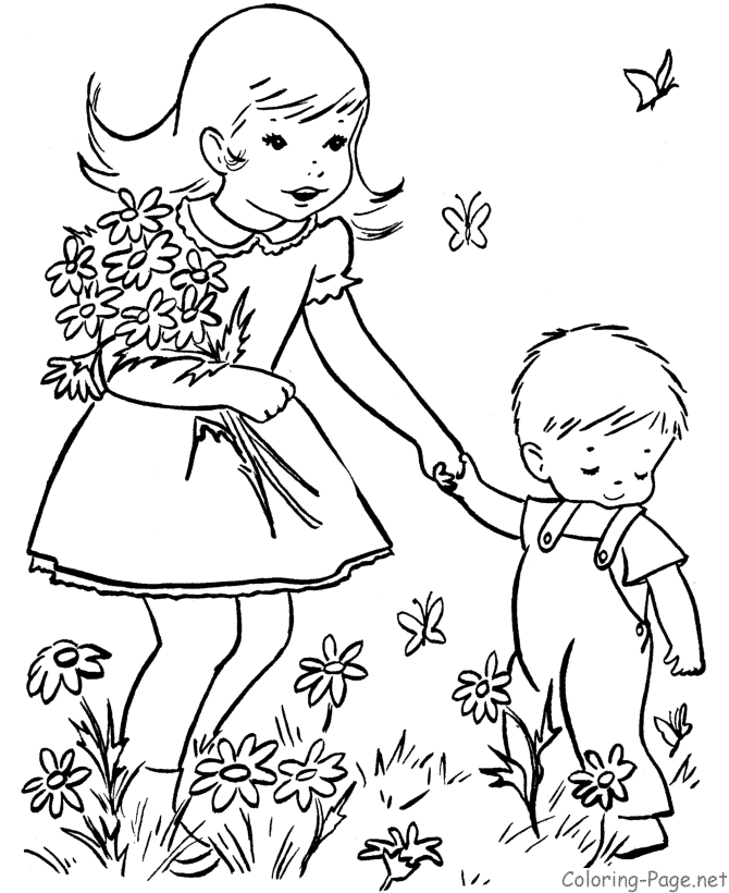 spring coloring book pages picking flowers