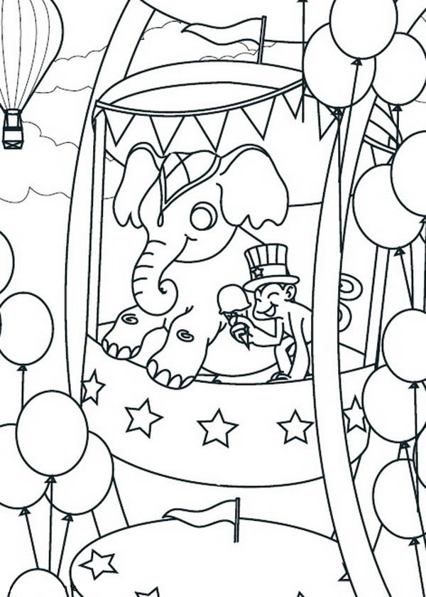 Circus and Carnival, Monkey and Elephant Take Ferris Wheel at the Circus and Carnival Coloring Page