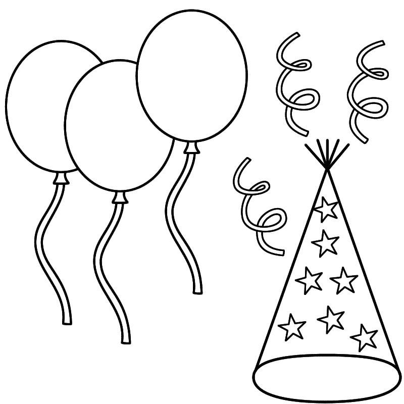 Balloons with Party Hat and Streamers - Coloring Page (New Years)
