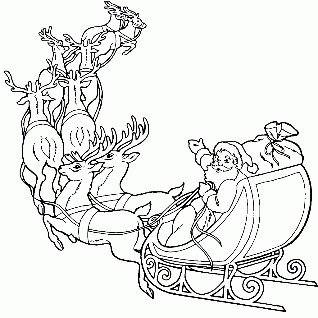 santa and flying reindeer coloring pages