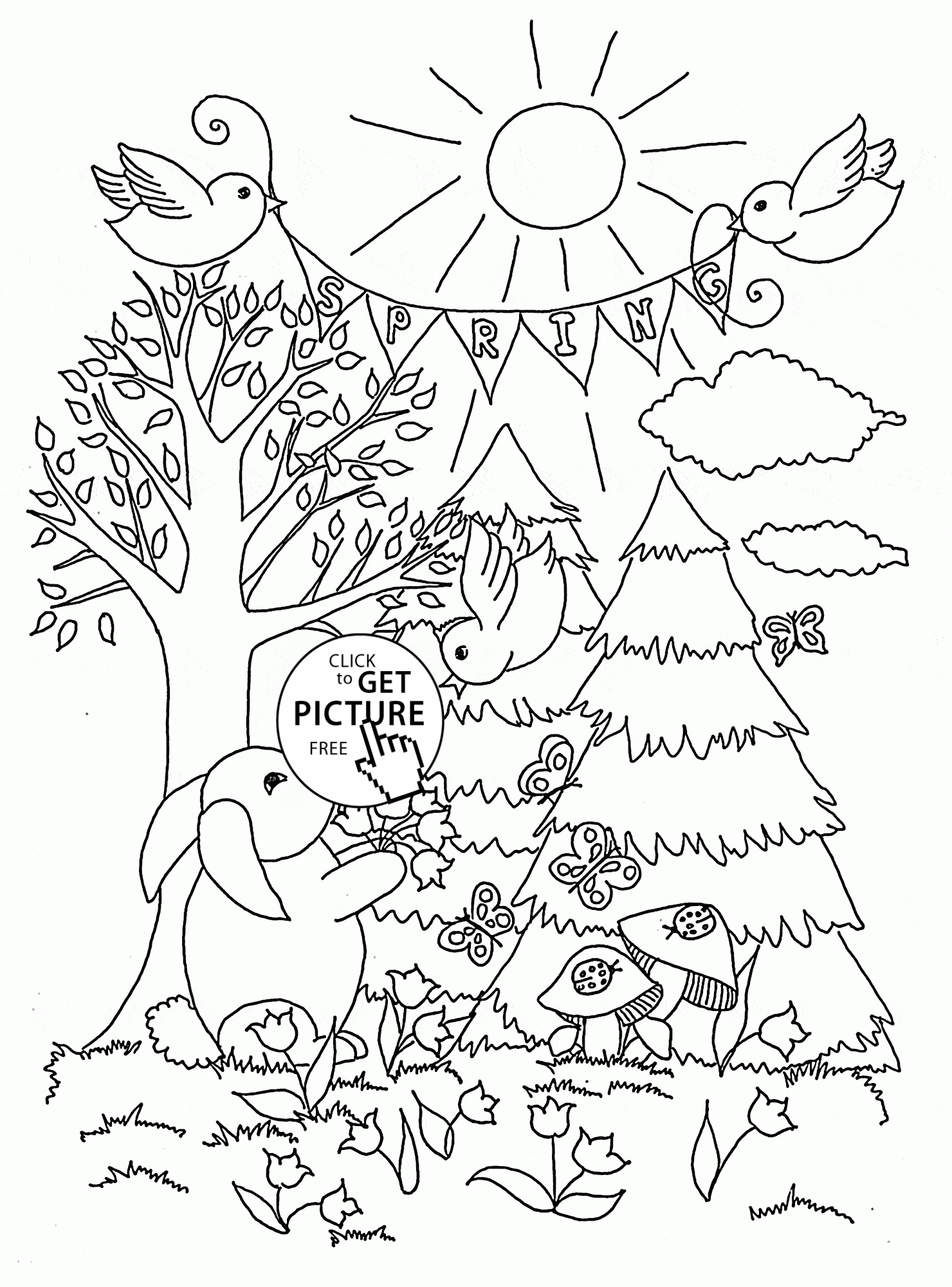 Spring in Forest coloring page for kids, seasons coloring pages