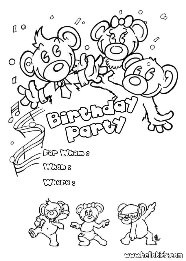 BIRTHDAY INVITATIONS coloring pages - Bears : Birthday party