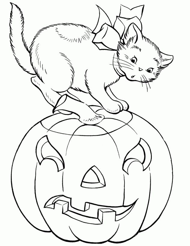 Cute Cat With Pumpkin Halloween Coloring Pages - Halloween