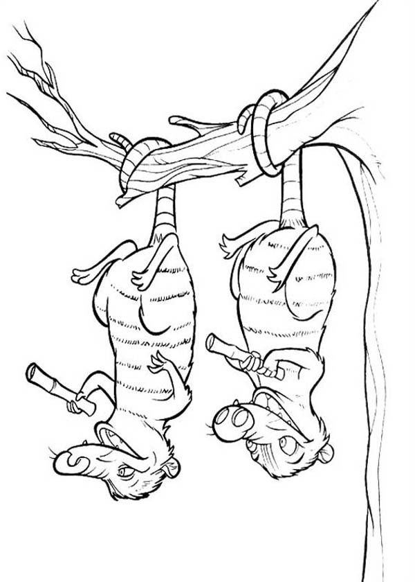 Eddie and Crash Hanging Upside Down on Tree in Ice Age Coloring