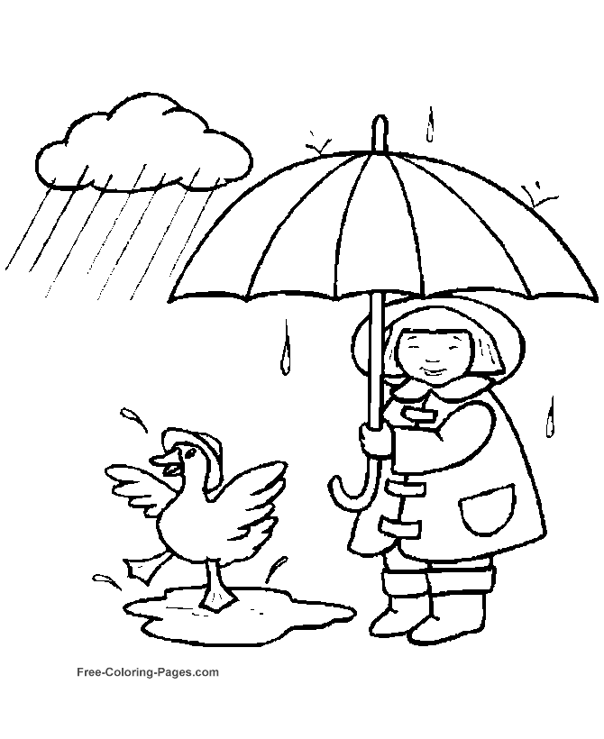 Kids coloring pages - Girl and Duck in Rain