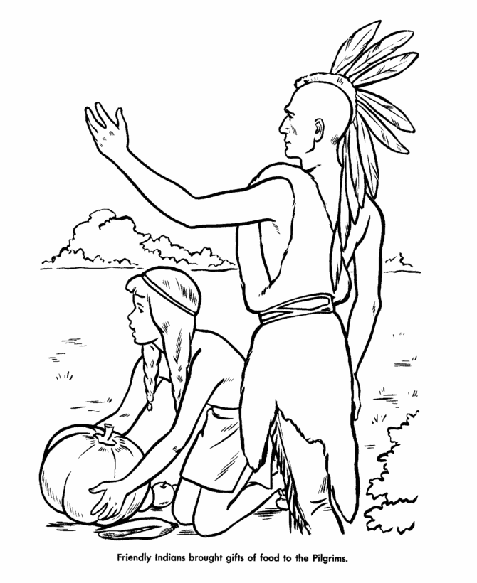 Pilgrim Thanksgiving Coloring Page Sheets - Native Americans