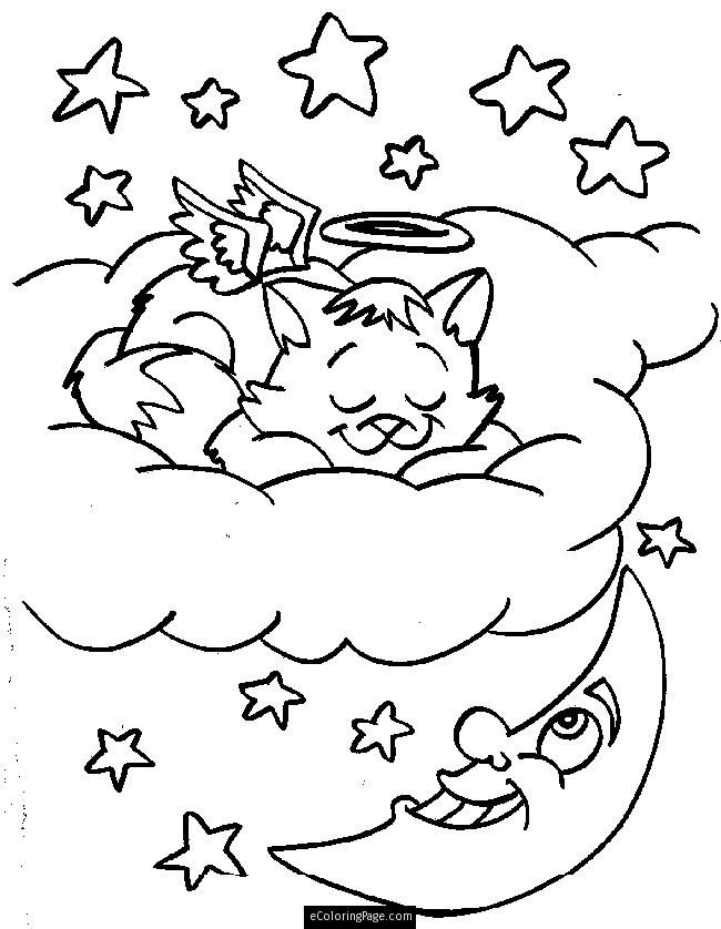 Cat Angel with a Halo with the Moon and Stars Coloring Page