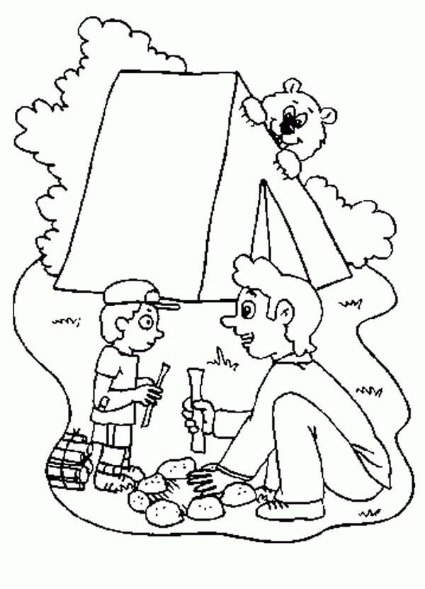 Father Teach His Son Make Campfire at Camping Coloring Page
