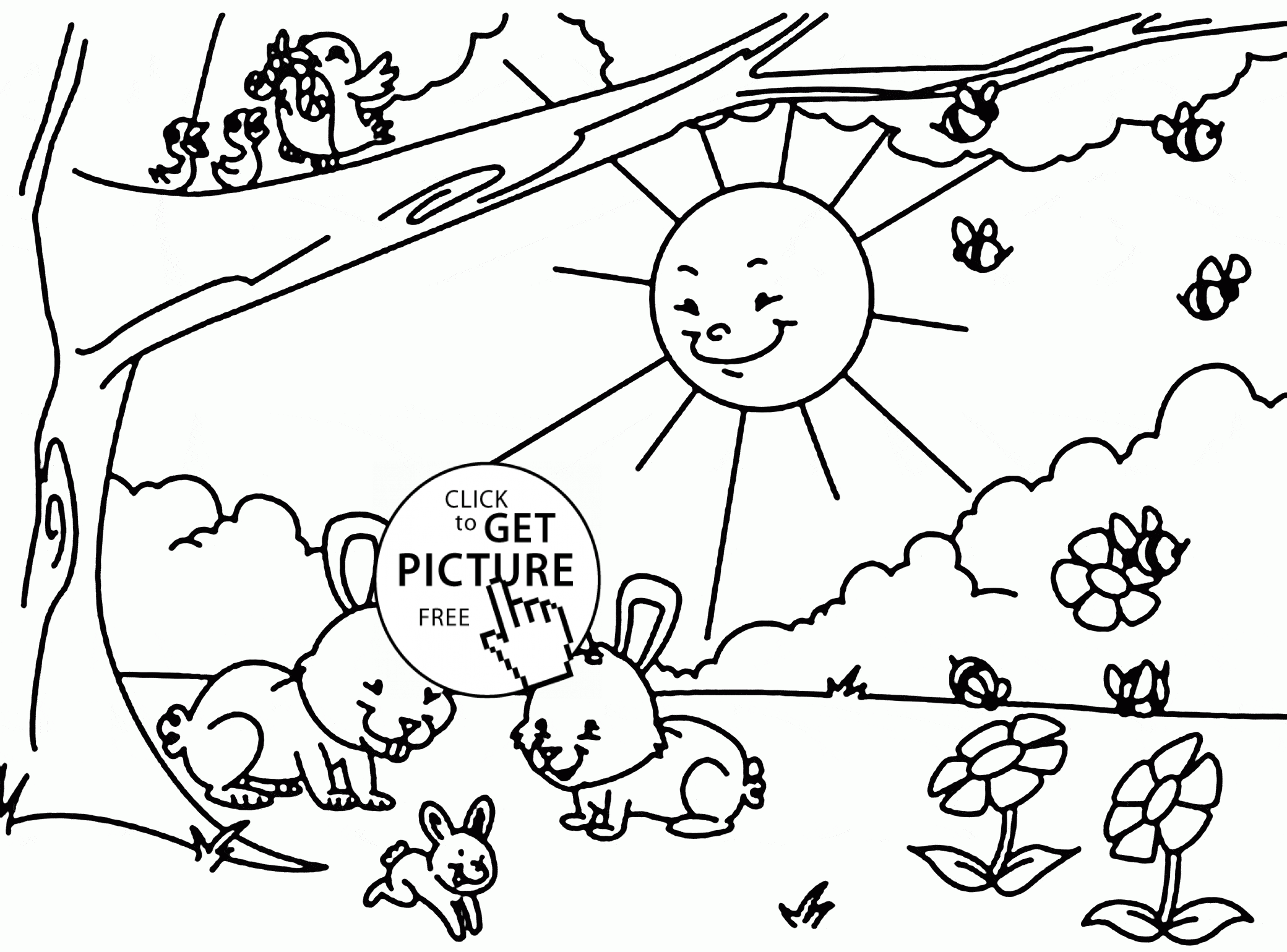 Happy Spring in Forest coloring page for kids, seasons coloring