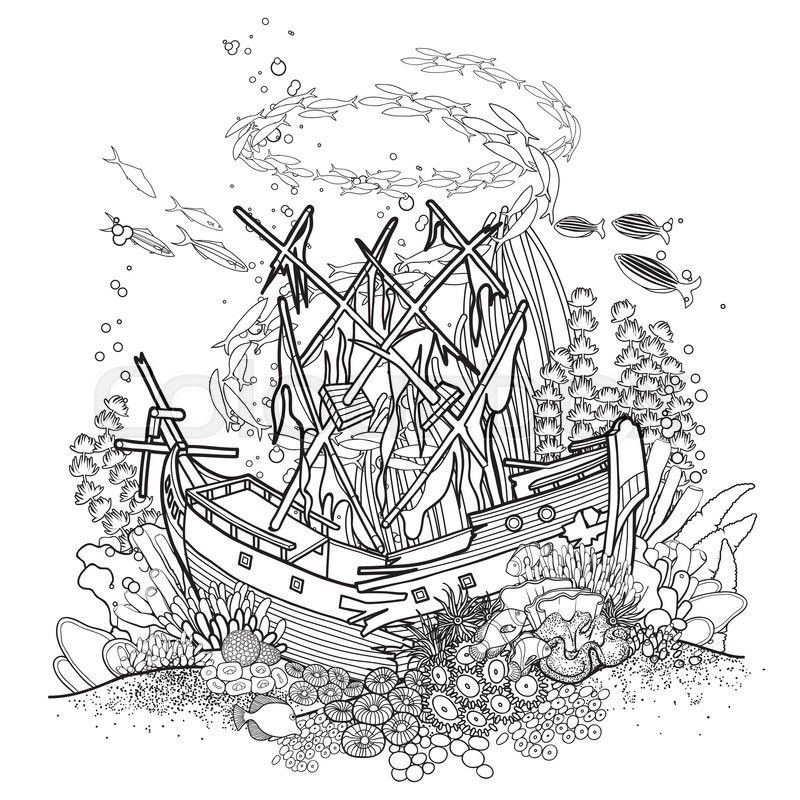 Ancient sunken ship and coral reef drawn in line art style. Ocean